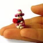 Pink Tiny Sock Monkey With Red Valentine Rose In..