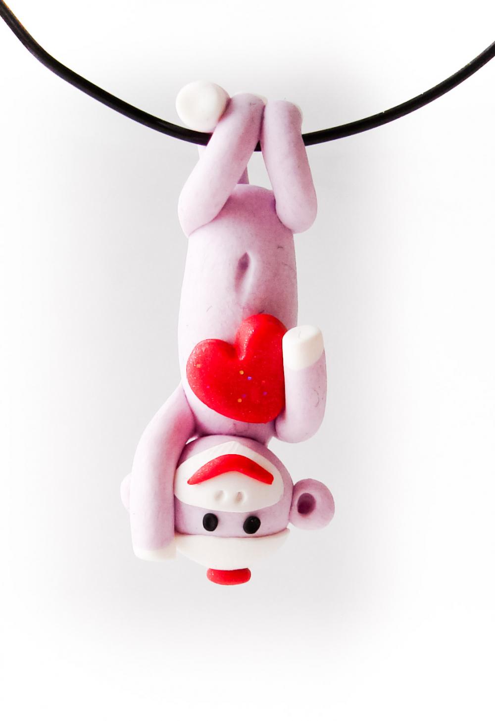 Lavender Sock Monkey Pendant With Valentine Heart In Polymer Clay