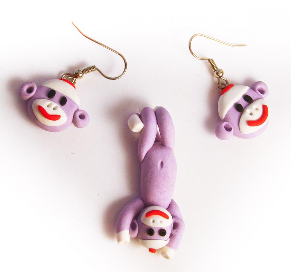 Lavender Sock Monkey Face Earrings And Swinging Pendant Set In Polymer Clay