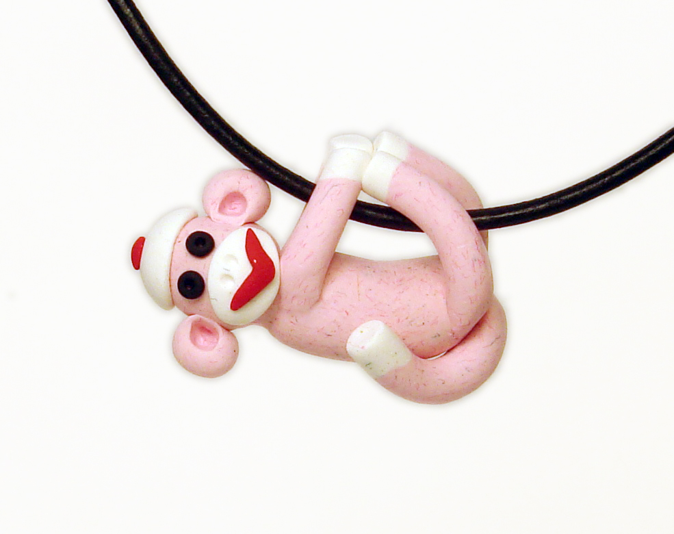 Pink Sock Monkey Pendant Swinging From All Fours Handmade In Polymer Clay