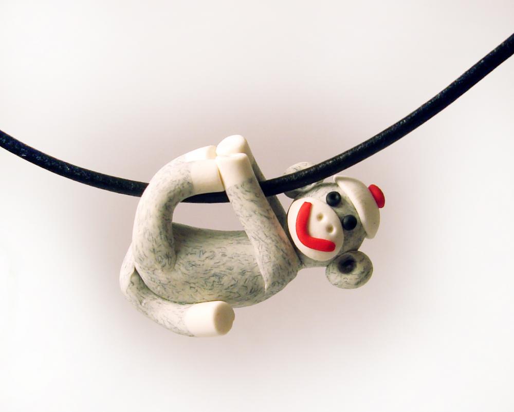 Gray Sock Monkey Pendant Swinging From All Fours Handmade In Polymer Clay