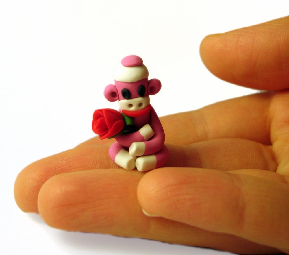 Pink Tiny Sock Monkey With Red Valentine Rose In Polymer Clay