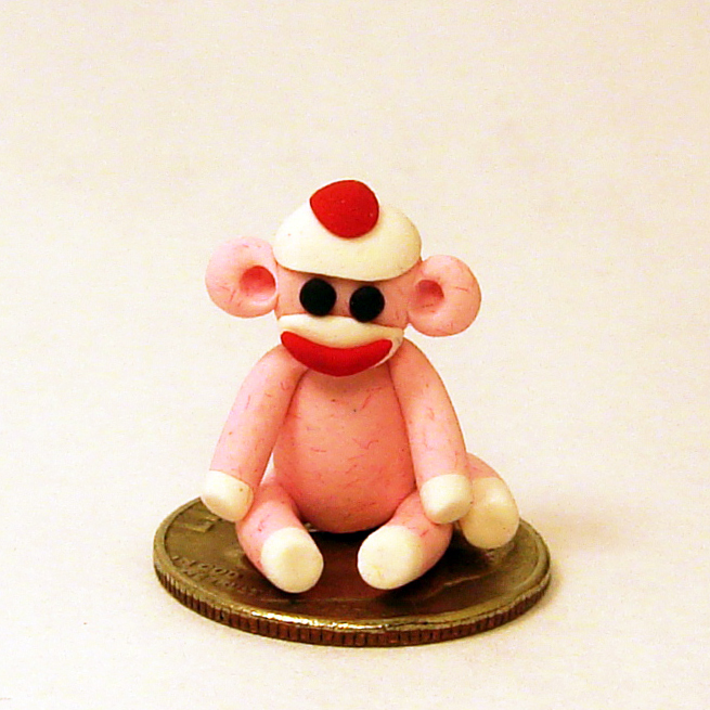 Micro Mini Pink Sock Monkey Smaller Than A Dime In Polymer Clay